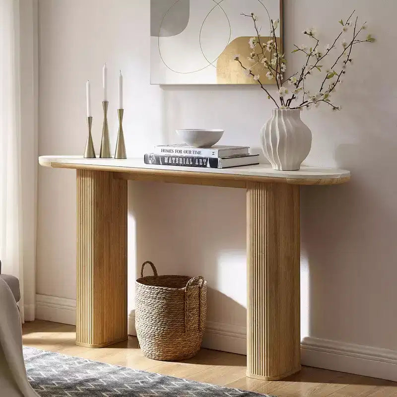 Console moderne de 63 po, tables d'entrée étroites pour couloir, plateau en faux marbre avec texture en arc, table d'appoint canapé cannelée pour salon