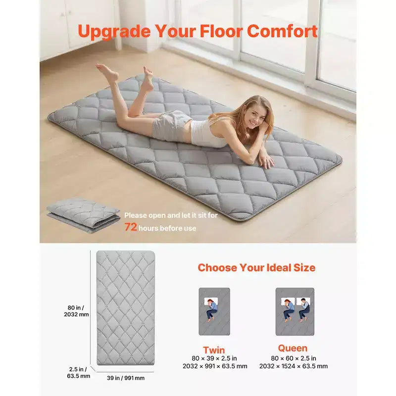 Tapis Tatami Japonais VEVOR, Matelas Tatami Japonais Pliable Taille Double, Matelas Futon avec Sac de Rangement, Tapis de Sol 9 Couches, 80 x 39 x 2,5 po, Gris