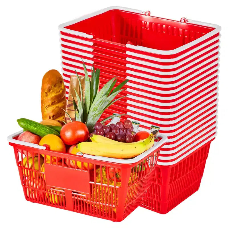 VEVOR Shopping Baskets, 20 PCS, 21L Stackable PE Plastic Grocery Baskets with Handles, Dense Mesh Structure, Holds up to 20 lbs, for Grocery, Red