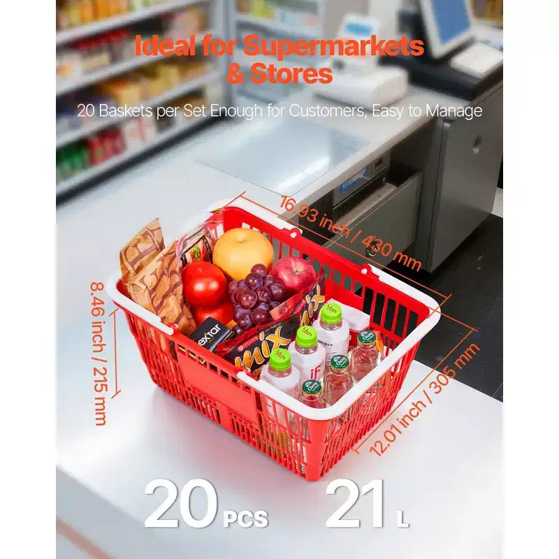 VEVOR Paniers de Courses, 20 PCS, Paniers d'Épicerie Empilables en Plastique PE de 21 L avec Poignées, Structure en Maille Dense, Supporte jusqu'à 9 kg, pour l'Épicerie, Rouge
