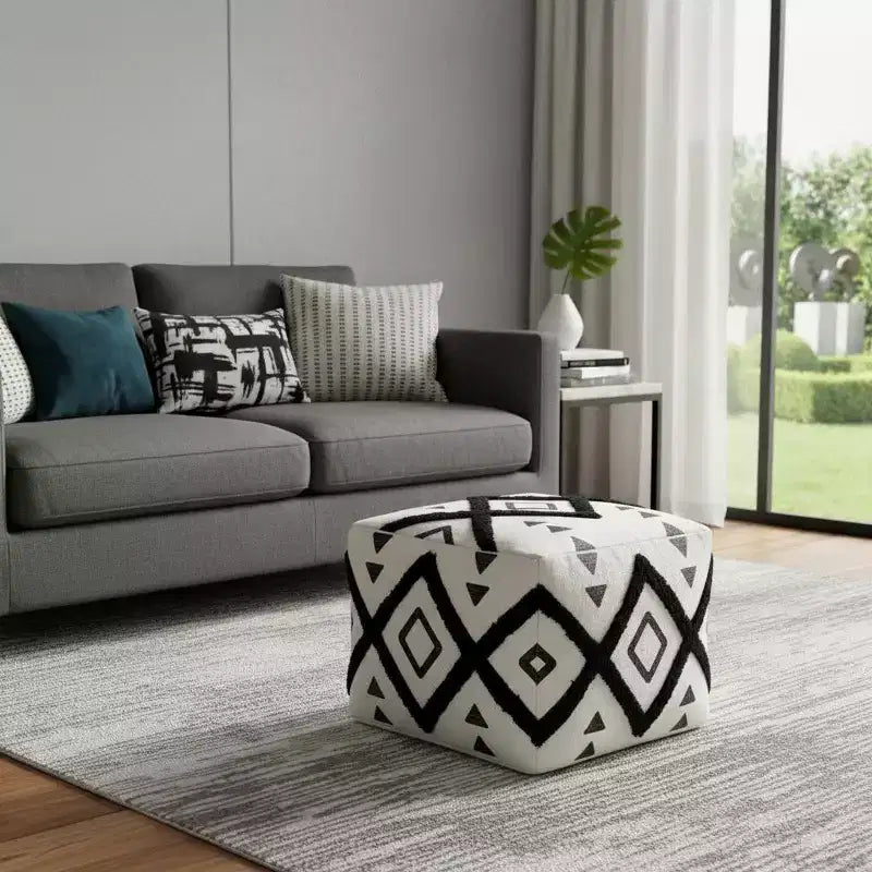 HomeRoots Pouf Ottoman Géométrique en Coton Blanc 18