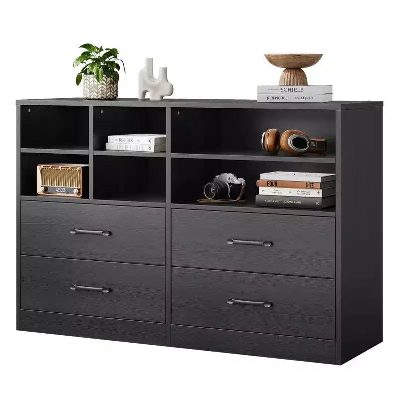 Dresser, Storage Cabinet  2 Pack Black 4 Drawer & 6 Shelf Organizer, TV Stand for 55 Inch TV, Wood Chest for Bedroom, Living Room, Entryway