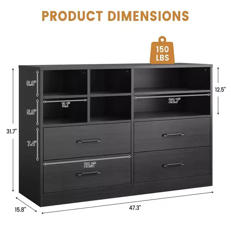 Commode, meuble de rangement Lot de 2 Noir 4 tiroirs et 6 étagères, Meuble TV pour téléviseur 55 pouces, Commode en bois pour chambre à coucher, salon, entrée