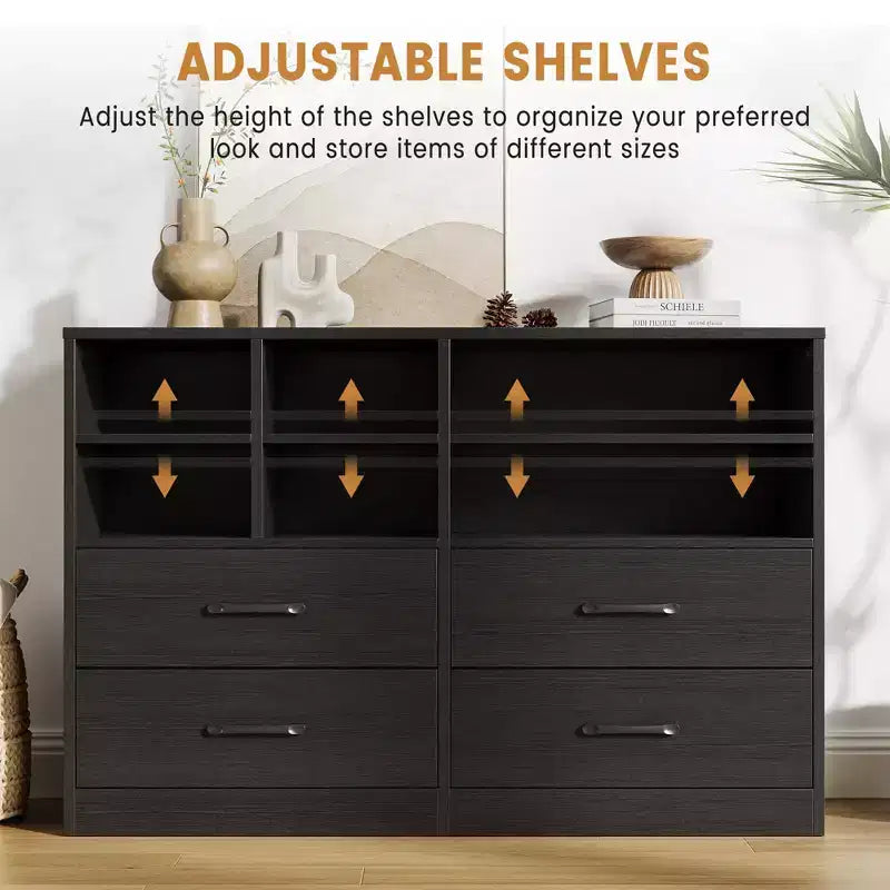 Commode, meuble de rangement Lot de 2 Noir 4 tiroirs et 6 étagères, Meuble TV pour téléviseur 55 pouces, Commode en bois pour chambre à coucher, salon, entrée