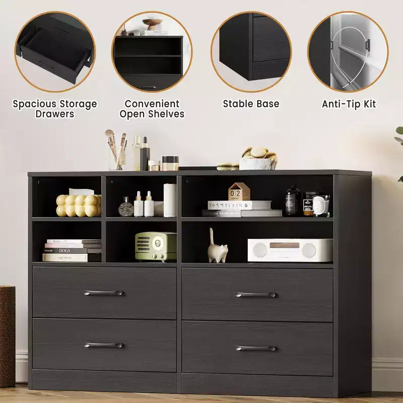 Commode, meuble de rangement Lot de 2 Noir 4 tiroirs et 6 étagères, Meuble TV pour téléviseur 55 pouces, Commode en bois pour chambre à coucher, salon, entrée