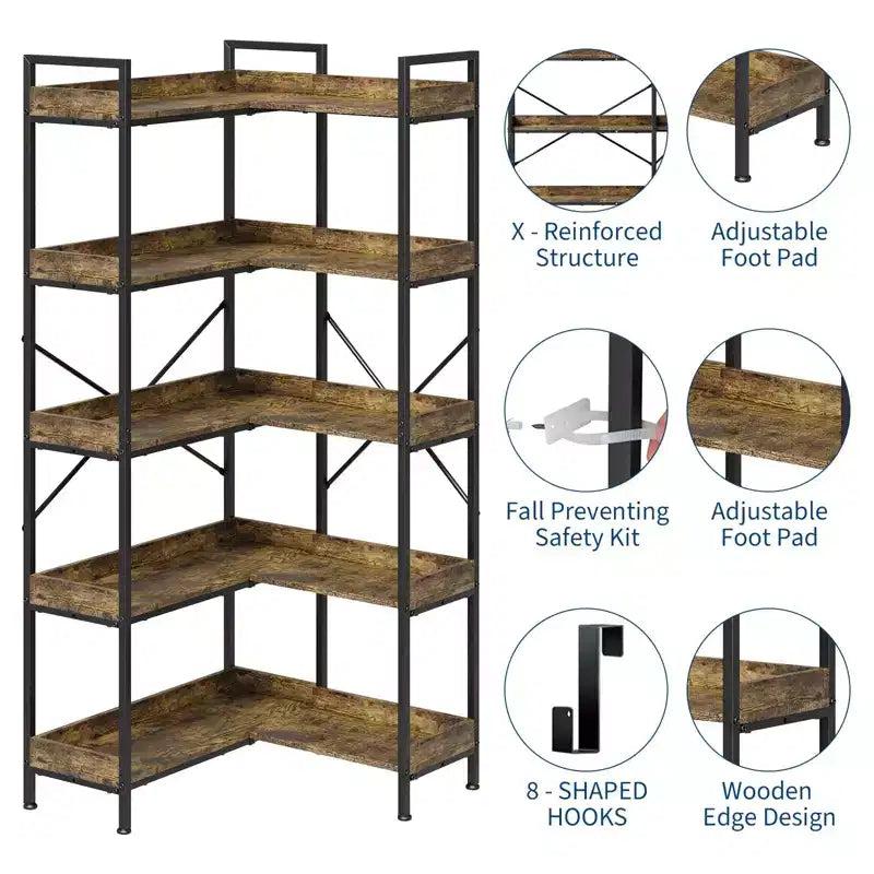 Bibliothèque, Bibliothèque d'angle, Étagère à Livres 5 Niveaux avec Cadre Métallique Déformable, 14 Étagères Ouvertes, Meuble de Rangement sur Pied pour Salon, Chambre, Bureau