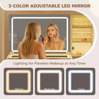 Coiffeuse avec miroir lumineux, coiffeuse avec station de recharge, coiffeuse à plateau en verre avec tabouret de rangement capitonné pour chambre à coucher