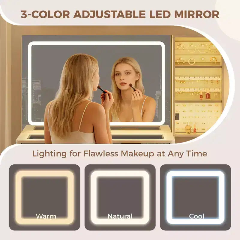 Coiffeuse avec miroir lumineux, coiffeuse avec station de recharge, coiffeuse à plateau en verre avec tabouret de rangement capitonné pour chambre à coucher