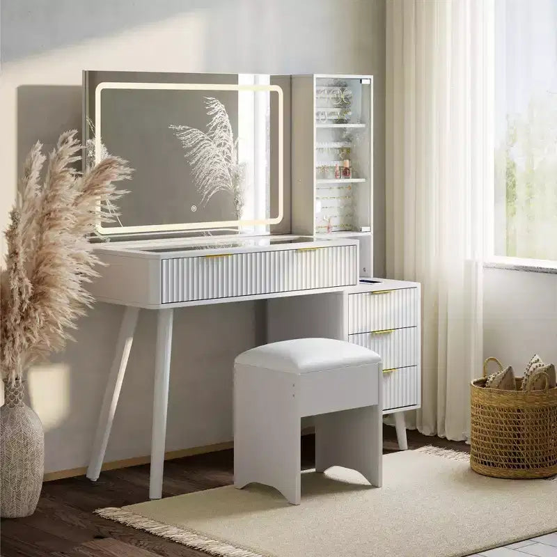 Coiffeuse avec miroir lumineux, coiffeuse avec station de recharge, coiffeuse à plateau en verre avec tabouret de rangement capitonné pour chambre à coucher