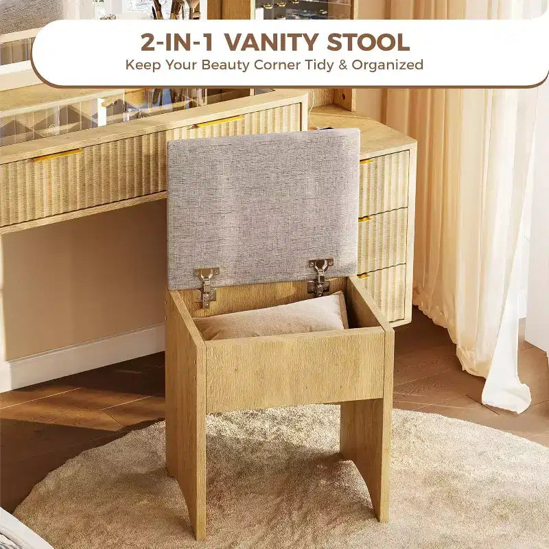 Coiffeuse avec miroir lumineux, coiffeuse avec station de recharge, coiffeuse à plateau en verre avec tabouret de rangement capitonné pour chambre à coucher