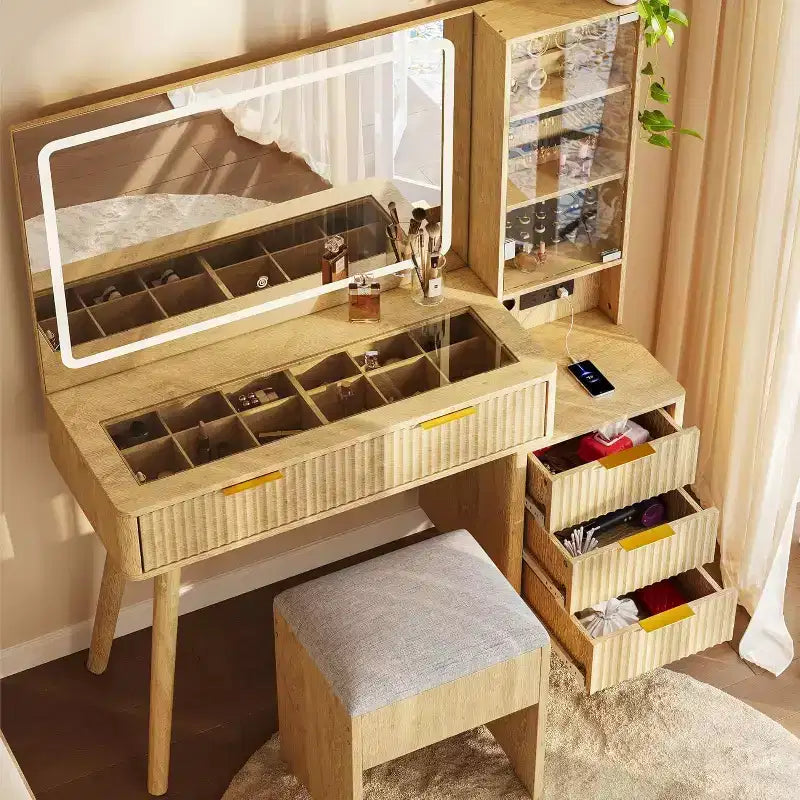 Coiffeuse avec miroir lumineux, coiffeuse avec station de recharge, coiffeuse à plateau en verre avec tabouret de rangement capitonné pour chambre à coucher