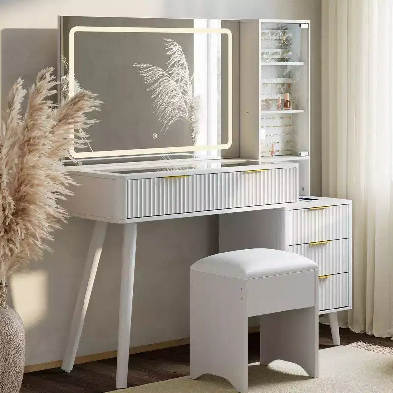 Coiffeuse avec miroir lumineux, coiffeuse avec station de recharge, coiffeuse à plateau en verre avec tabouret de rangement capitonné pour chambre à coucher