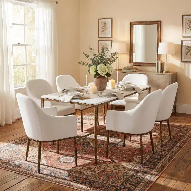 Christopher Knight Home Yvanna 7 Piece Industrial Luxe Hand-Forged Sintered Stone Dining Table with Upholstered Dining Arm Chairs