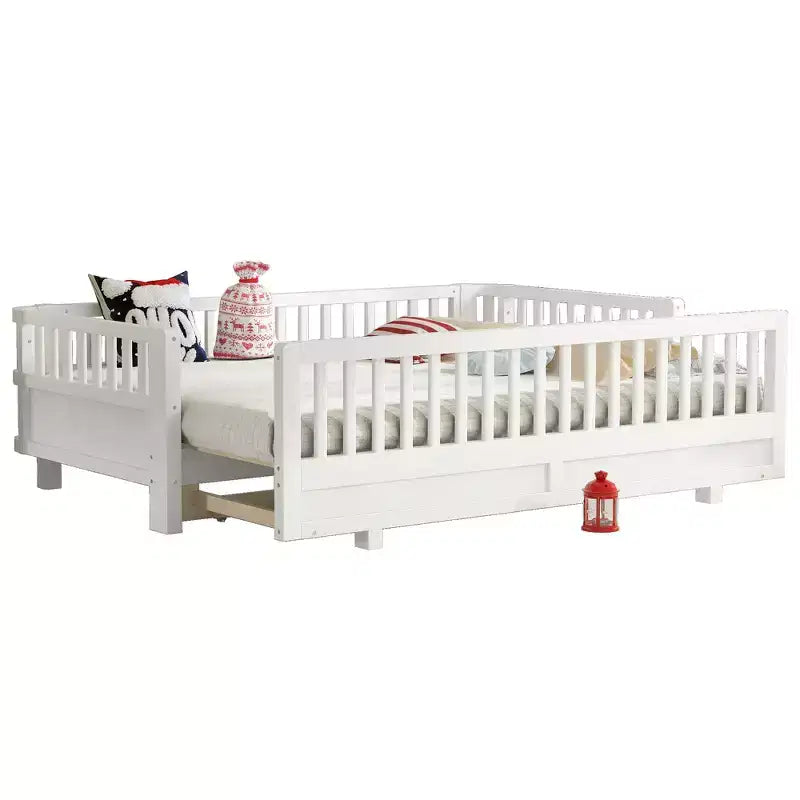 Lit plateforme double/double XL avec garde-corps, Cadre de lit plateforme en bois pour enfants, Peut être converti en lit plateforme double.