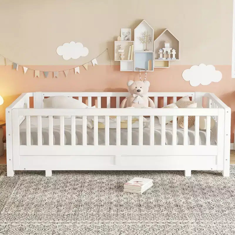 Lit plateforme double/double XL avec garde-corps, Cadre de lit plateforme en bois pour enfants, Peut être converti en lit plateforme double.