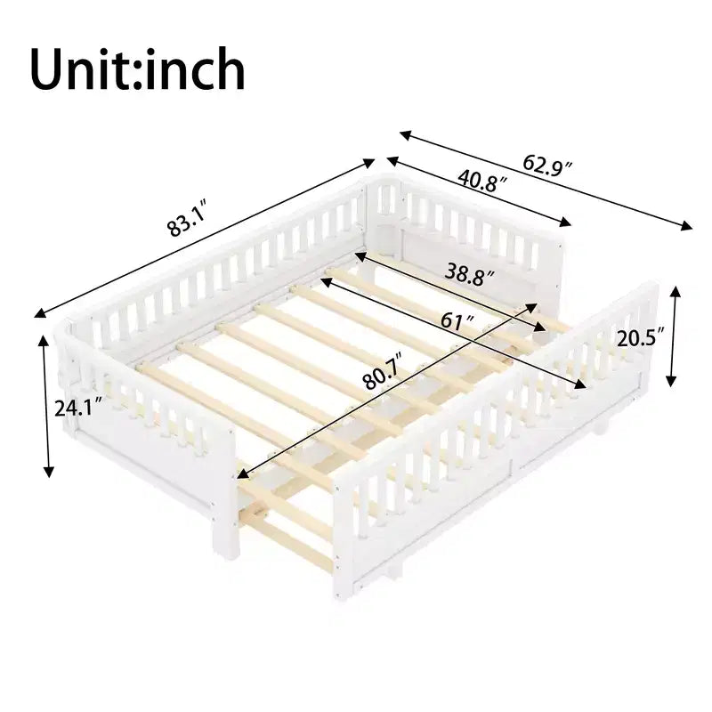 Lit plateforme double/double XL avec garde-corps, Cadre de lit plateforme en bois pour enfants, Peut être converti en lit plateforme double.