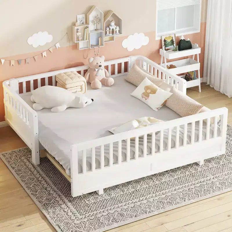 Lit plateforme double/double XL avec garde-corps, Cadre de lit plateforme en bois pour enfants, Peut être converti en lit plateforme double.