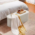 VEVOR Banc de rangement ovale ottoman, banc de bout de lit pliable en polaire Teddy, coffre ottoman de lit pliant rembourré avec grand espace de rangement, beige
