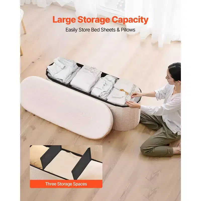 VEVOR Banc de rangement ovale ottoman, banc de bout de lit pliable en polaire Teddy, coffre ottoman de lit pliant rembourré avec grand espace de rangement, beige