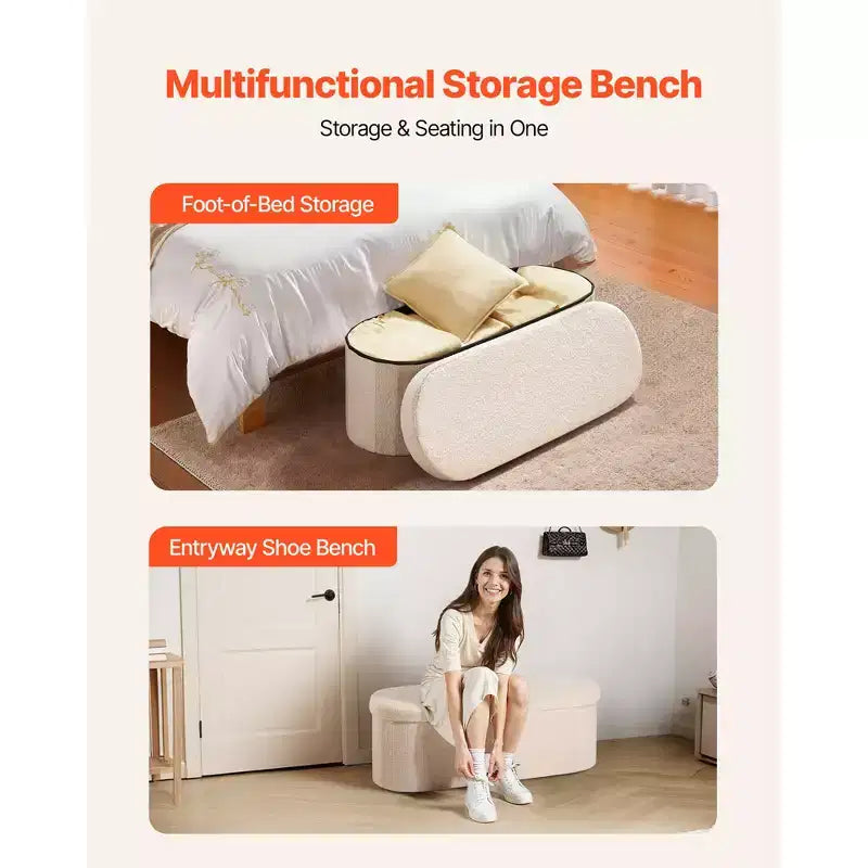 VEVOR Banc de rangement ovale ottoman, banc de bout de lit pliable en polaire Teddy, coffre ottoman de lit pliant rembourré avec grand espace de rangement, beige