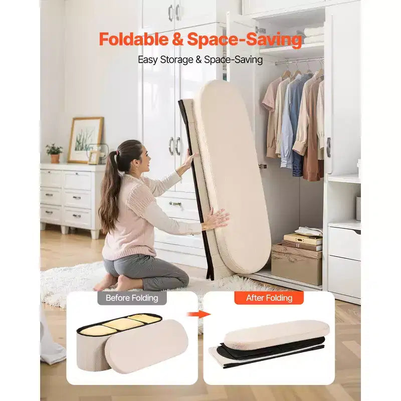 VEVOR Banc de rangement ovale ottoman, banc de bout de lit pliable en polaire Teddy, coffre ottoman de lit pliant rembourré avec grand espace de rangement, beige