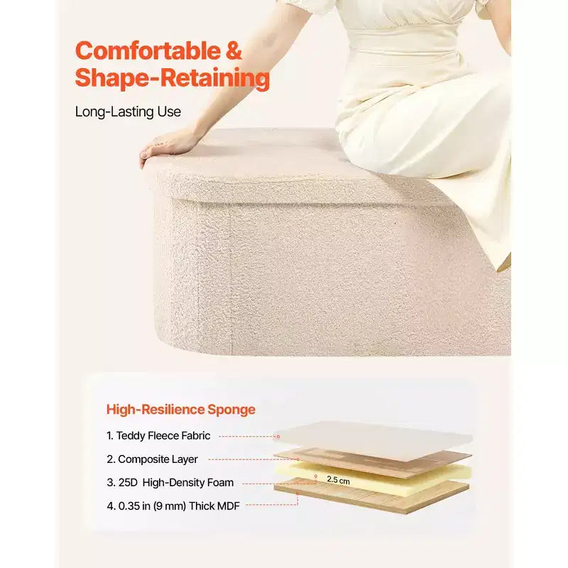 VEVOR Banc de rangement ovale ottoman, banc de bout de lit pliable en polaire Teddy, coffre ottoman de lit pliant rembourré avec grand espace de rangement, beige