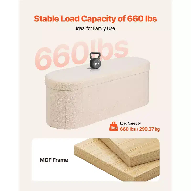 VEVOR Banc de rangement ovale ottoman, banc de bout de lit pliable en polaire Teddy, coffre ottoman de lit pliant rembourré avec grand espace de rangement, beige