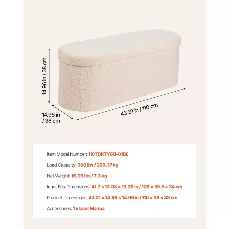 VEVOR Banc de rangement ovale ottoman, banc de bout de lit pliable en polaire Teddy, coffre ottoman de lit pliant rembourré avec grand espace de rangement, beige