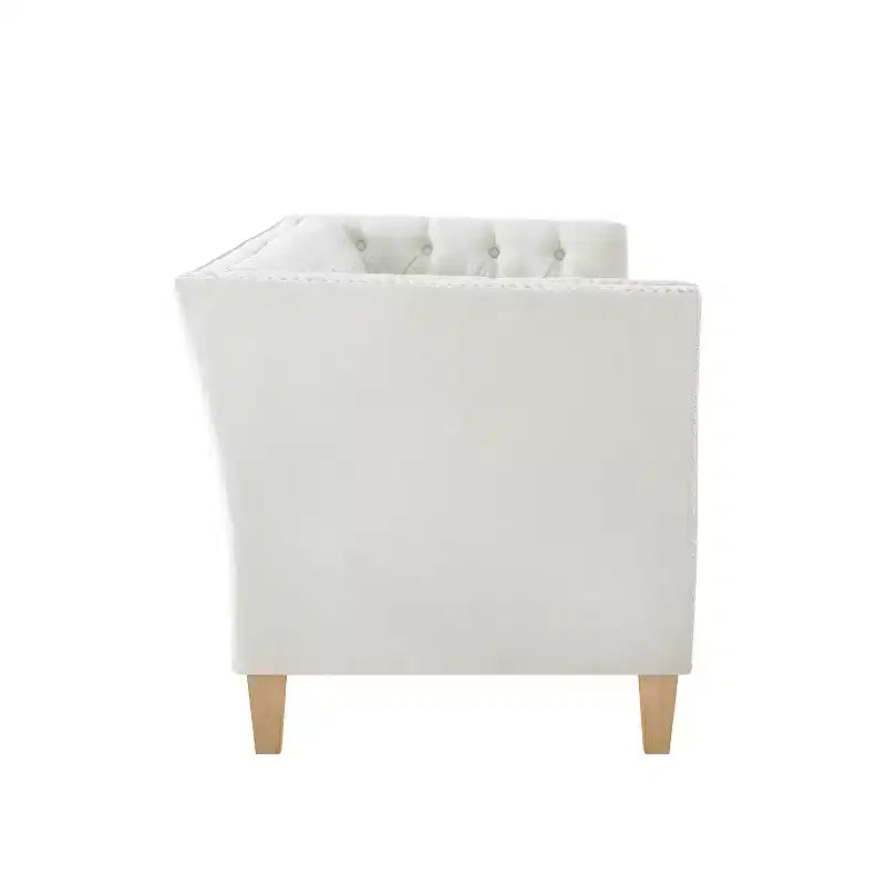 Canapé 3 places matelassé Cloud avec 2 oreillers, garniture cloutée et pieds en bois massif, Beige - ModernLuxe