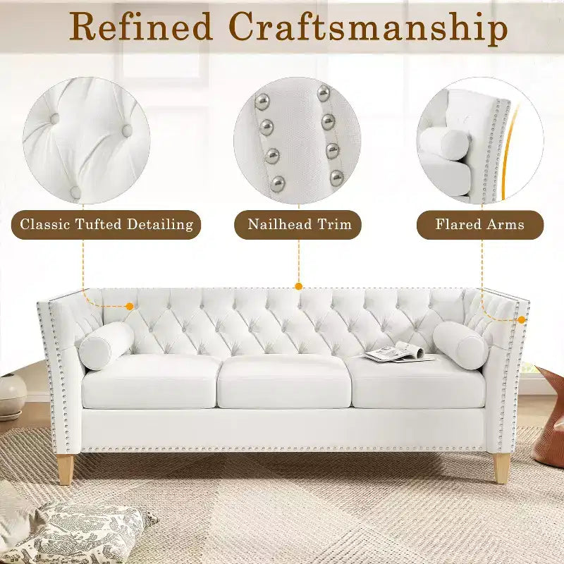 Canapé 3 places matelassé Cloud avec 2 oreillers, garniture cloutée et pieds en bois massif, Beige - ModernLuxe