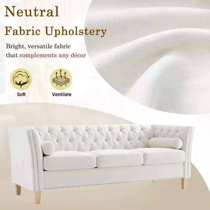 Canapé 3 places matelassé Cloud avec 2 oreillers, garniture cloutée et pieds en bois massif, Beige - ModernLuxe