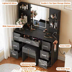 Coiffeuse de maquillage avec miroir lumineux et chaise, 7 tiroirs, prise de courant intégrée et support pour sèche-cheveux, ensemble de table de toilette moderne pour chambre à coucher