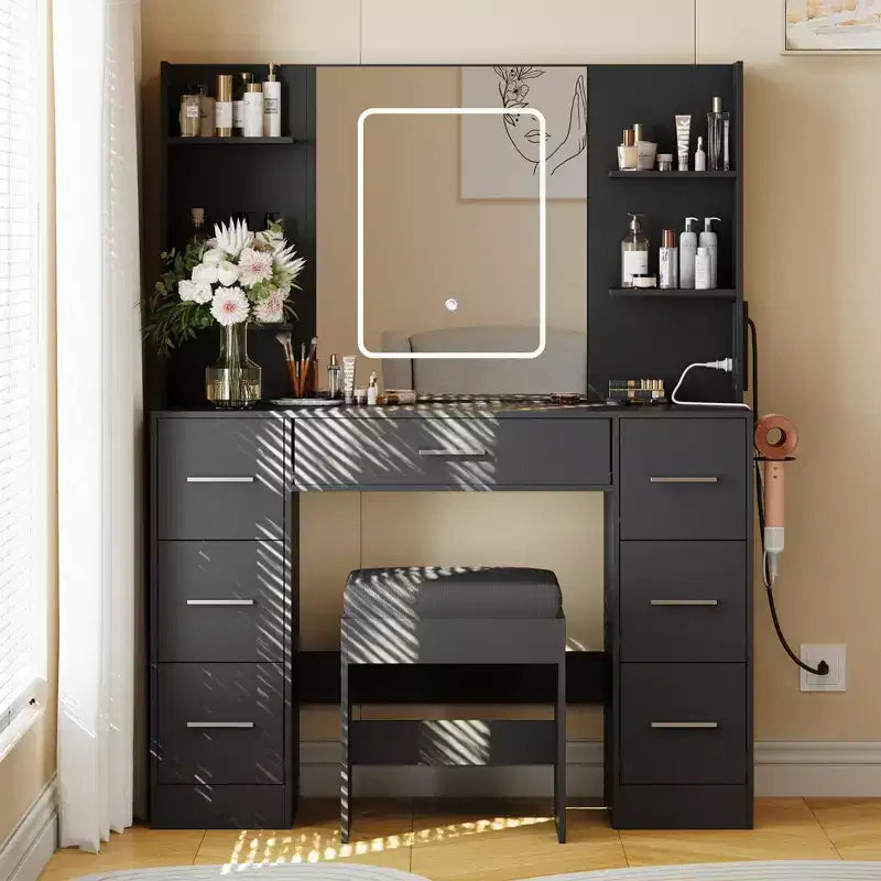Coiffeuse de maquillage avec miroir lumineux et chaise, 7 tiroirs, prise de courant intégrée et support pour sèche-cheveux, ensemble de table de toilette moderne pour chambre à coucher
