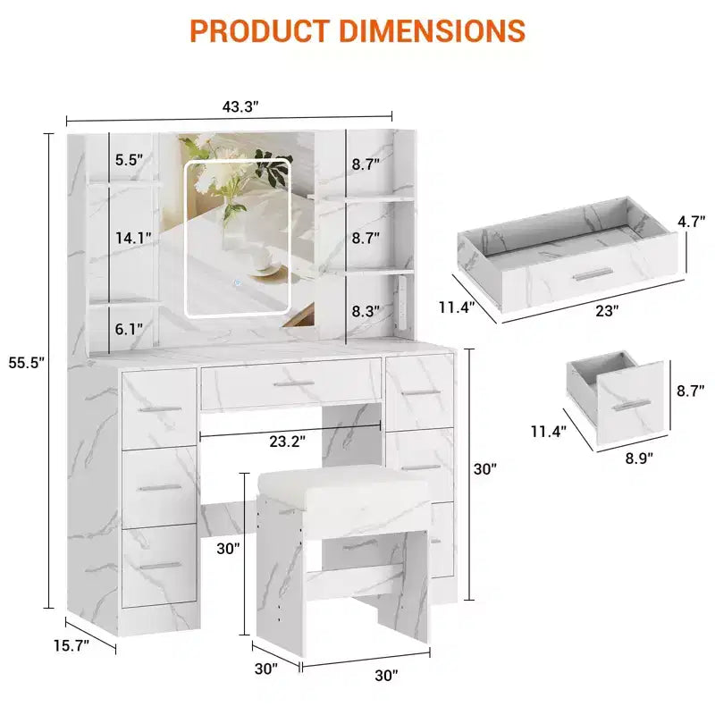 Coiffeuse de maquillage avec miroir lumineux et chaise, 7 tiroirs, prise de courant intégrée et support pour sèche-cheveux, ensemble de table de toilette moderne pour chambre à coucher