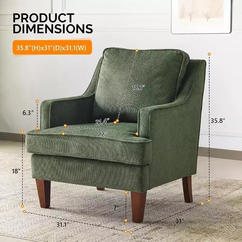 VINGLI Fauteuils d'appoint du milieu du siècle, fauteuil vert rembourré, chaise de lecture confortable, meubles de salon et chambre à dossier haut pour appartement