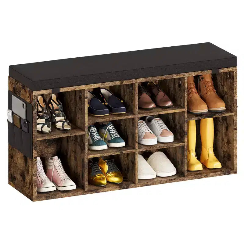 Banc à chaussures d'entrée multifonctionnel avec rangement et siège rembourré - Étagère réglable à 3 niveaux, 10 compartiments - Convient pour l'entrée, la chambre, le salon