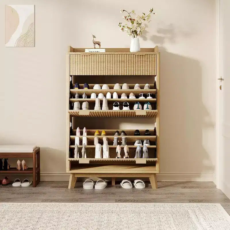 Meuble à chaussures encastrable moderne, adapté aux entrées, étagère à chaussures étroite de 122 cm de haut avec tiroirs de rangement, 2 tiroirs basculants et étagères réglables.