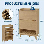 Meuble à chaussures encastrable étroit de 122 cm avec étagère inférieure ouverte, deux tiroirs basculants, des étagères réglables et un design incurvé.