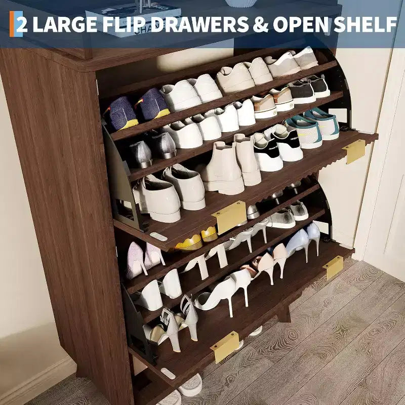 Meuble à chaussures encastrable étroit de 122 cm avec étagère inférieure ouverte, deux tiroirs basculants, des étagères réglables et un design incurvé.