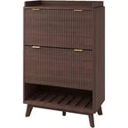 48-inch narrow built-in shoe cabinet with open bottom shelf, two flip-up drawers, adjustable shelves, and a curved design.