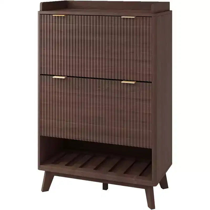 48-inch narrow built-in shoe cabinet with open bottom shelf, two flip-up drawers, adjustable shelves, and a curved design.