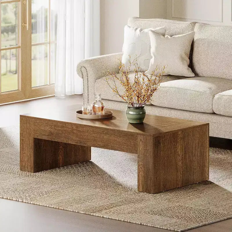 Table basse rectangulaire Lantine pour salon, table à thé et à cocktail de style rustique de 51 pouces avec base robuste pour la maison et la réception, marron
