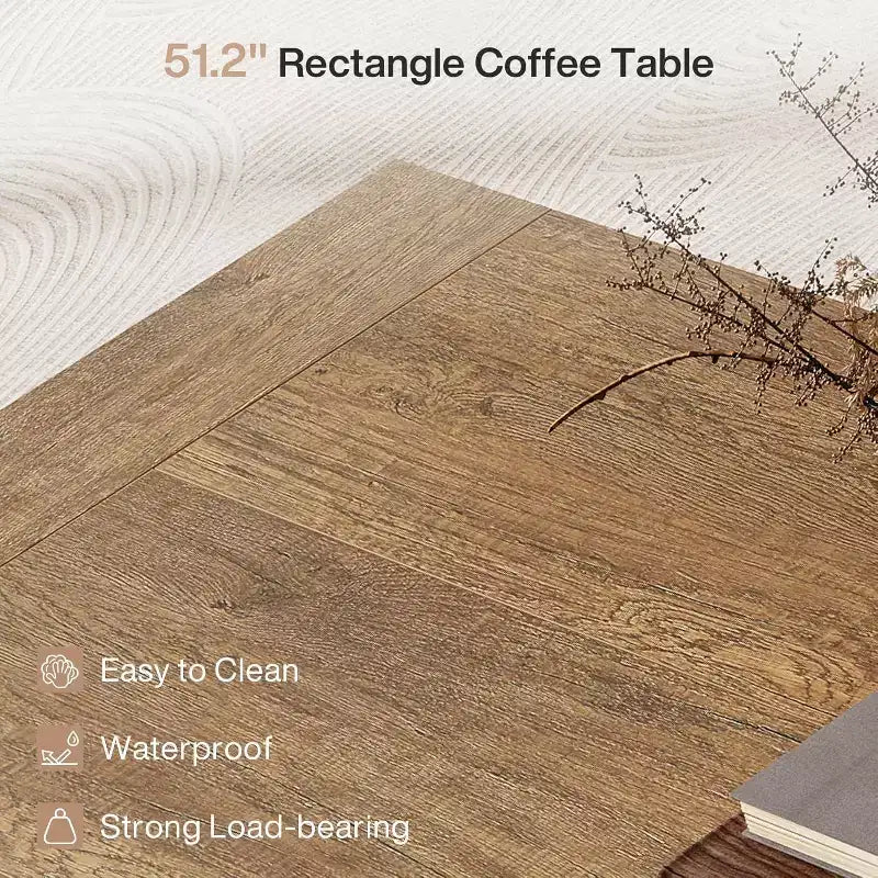 Table basse rectangulaire Lantine pour salon, table à thé et à cocktail de style rustique de 51 pouces avec base robuste pour la maison et la réception, marron