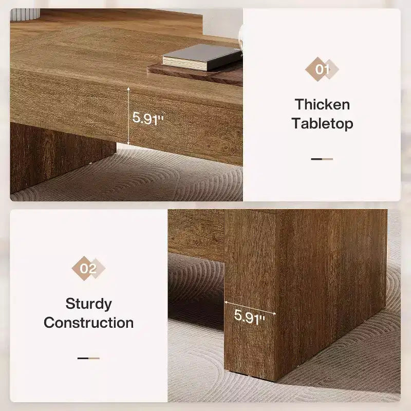 Table basse rectangulaire Lantine pour salon, table à thé et à cocktail de style rustique de 51 pouces avec base robuste pour la maison et la réception, marron
