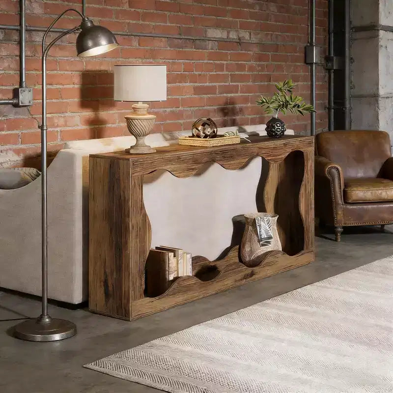 Console de salon en bois GDFStudio Langford Farmhouse avec motif ondulé et étagères de rangement à 2 niveaux