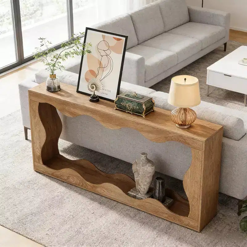 Console de salon en bois GDFStudio Langford Farmhouse avec motif ondulé et étagères de rangement à 2 niveaux