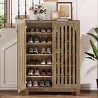 Meuble à chaussures Lantine avec portes à persiennes, Organisateur de chaussures à 6 niveaux pour entrée avec étagères réglables pour salon, chambre, bois naturel