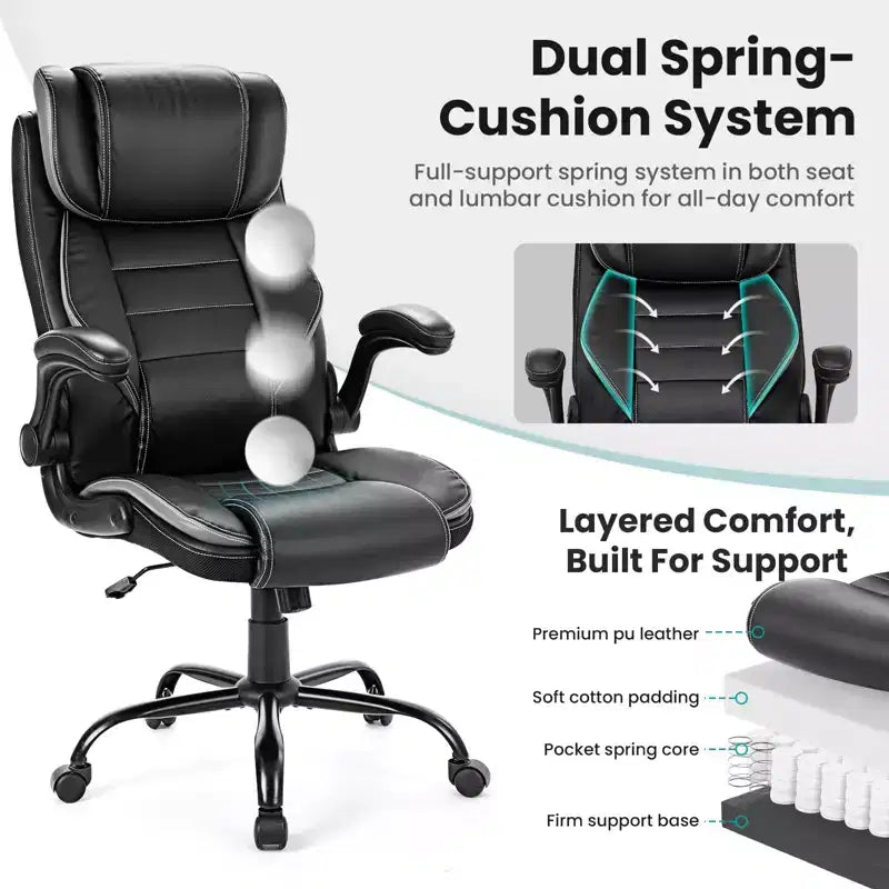 Chaise de bureau ergonomique, dossier haut en cuir, appui-tête réglable, soutien lombaire, accoudoirs relevables, fauteuil de bureau pivotant inclinable, pour la maison ou le bureau