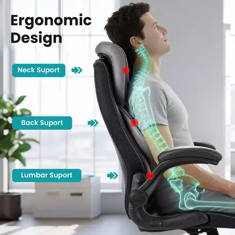 Chaise de bureau ergonomique, dossier haut en cuir, appui-tête réglable, soutien lombaire, accoudoirs relevables, fauteuil de bureau pivotant inclinable, pour la maison ou le bureau
