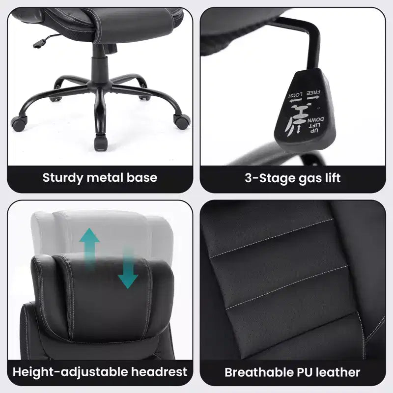 Chaise de bureau ergonomique, dossier haut en cuir, appui-tête réglable, soutien lombaire, accoudoirs relevables, fauteuil de bureau pivotant inclinable, pour la maison ou le bureau